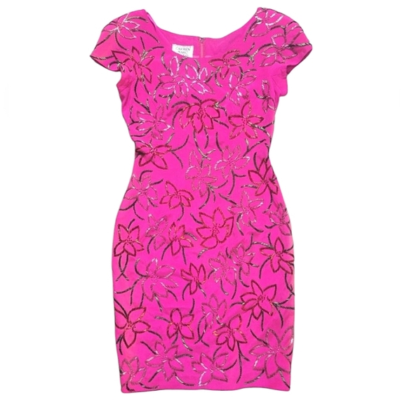NWT Carmen Marc Valvo Vintage Pink Silk Beaded Floral Sheath Dress *flawed* 6 - Picture 1 of 16